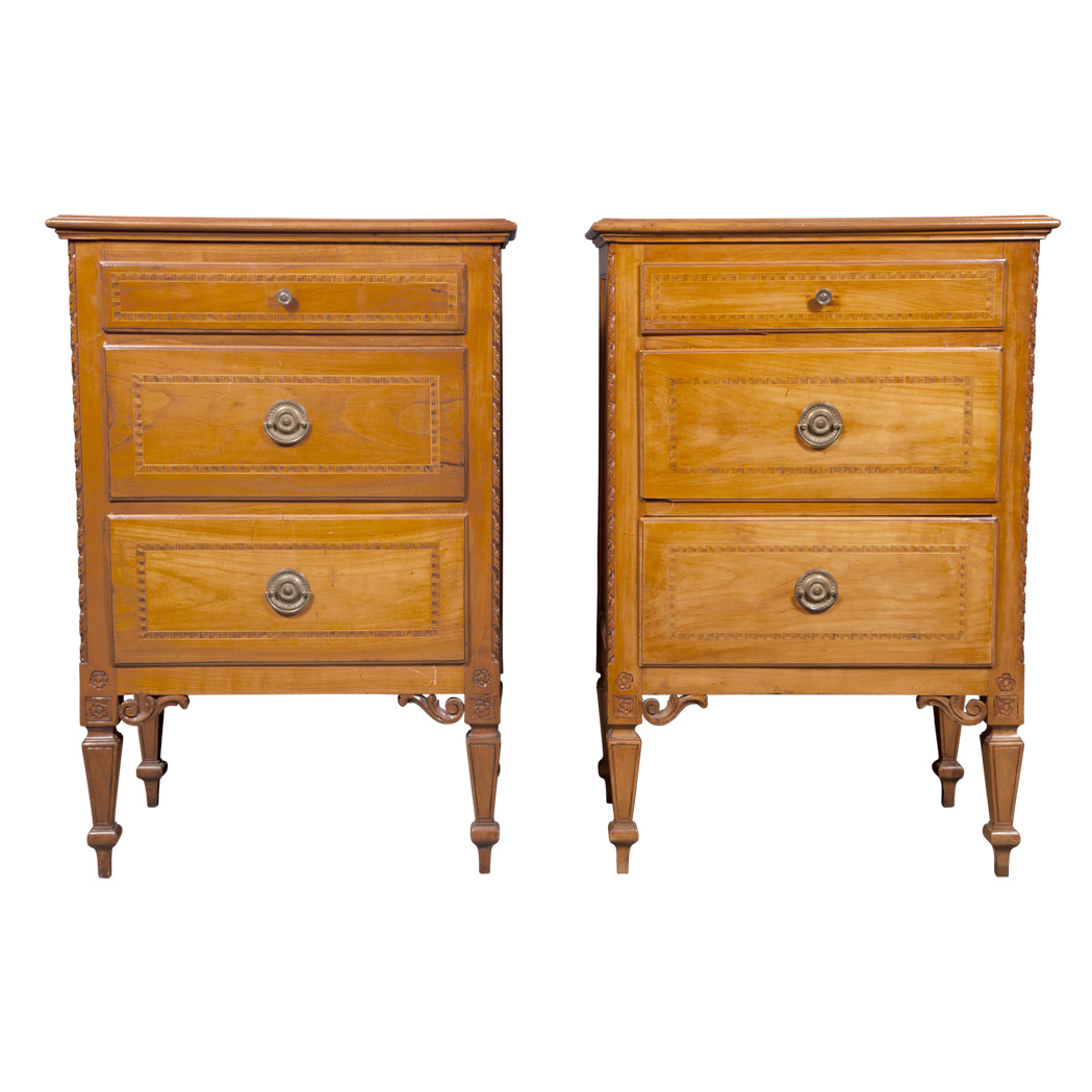 Appraisal: Pair of Italian Neoclassical Style Inlaid Fruitwood Commodini Each rectangular