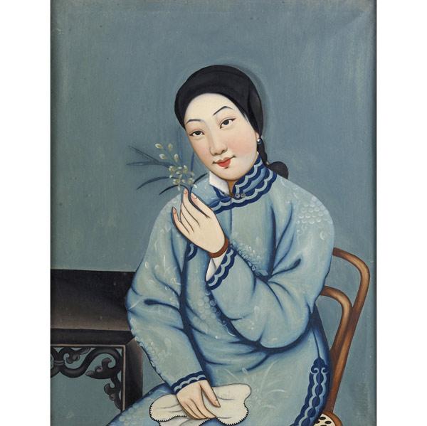 Appraisal: CHINESE PORTRAIT Untitled Woman with Flower gouache on board framed