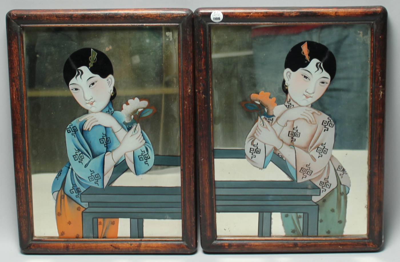 Appraisal: PAIR OF FRAMED CHINESE REVERSE-PAINTINGS-ON-MIRRORS Circa Each depicting a maiden