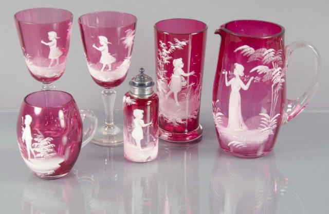 Appraisal: Six Mary Gregory Cranberry Glass ItemsIncluding one pitcher H one