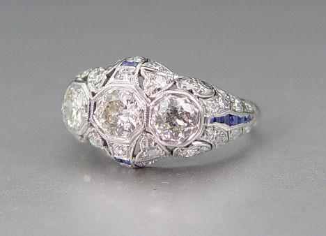 Appraisal: PLATINUM DECO DIAMOND RING WITH SAPPHIRES CA 'S Platinum ring