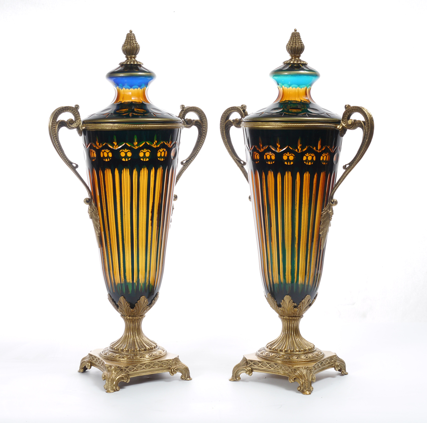 Appraisal: PAIR BOHEMIAN BLUE CRYSTAL VASES Late th century blue cut