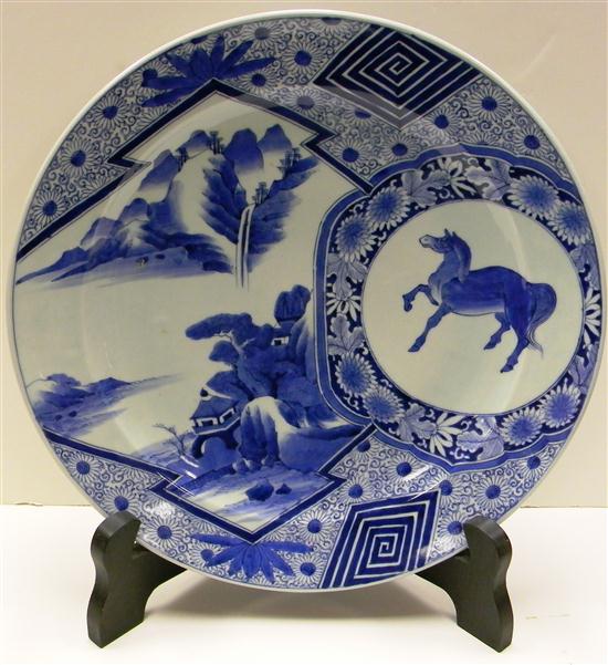 Appraisal: Japanese blue and white charger with wooden stand '' dia