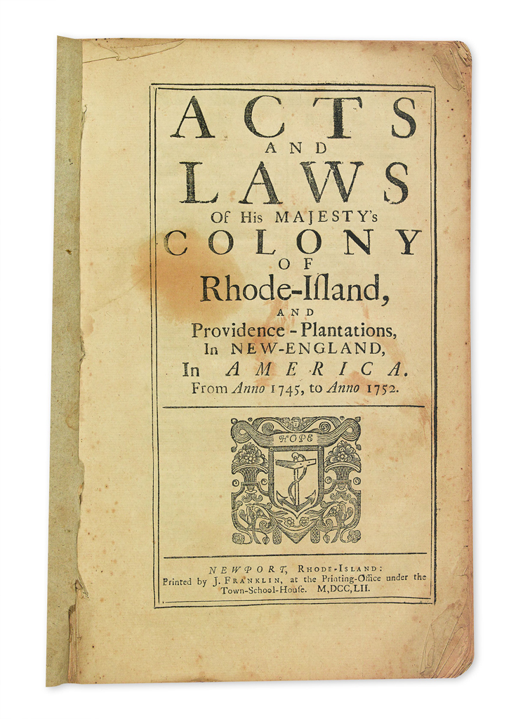 Appraisal: RHODE ISLAND Acts and Laws of his Majesty's Colony of