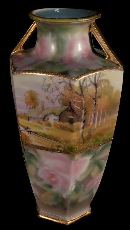 Appraisal: Hand Painted Nippon Farm Scene Vase Hand Painted Nippon Vase