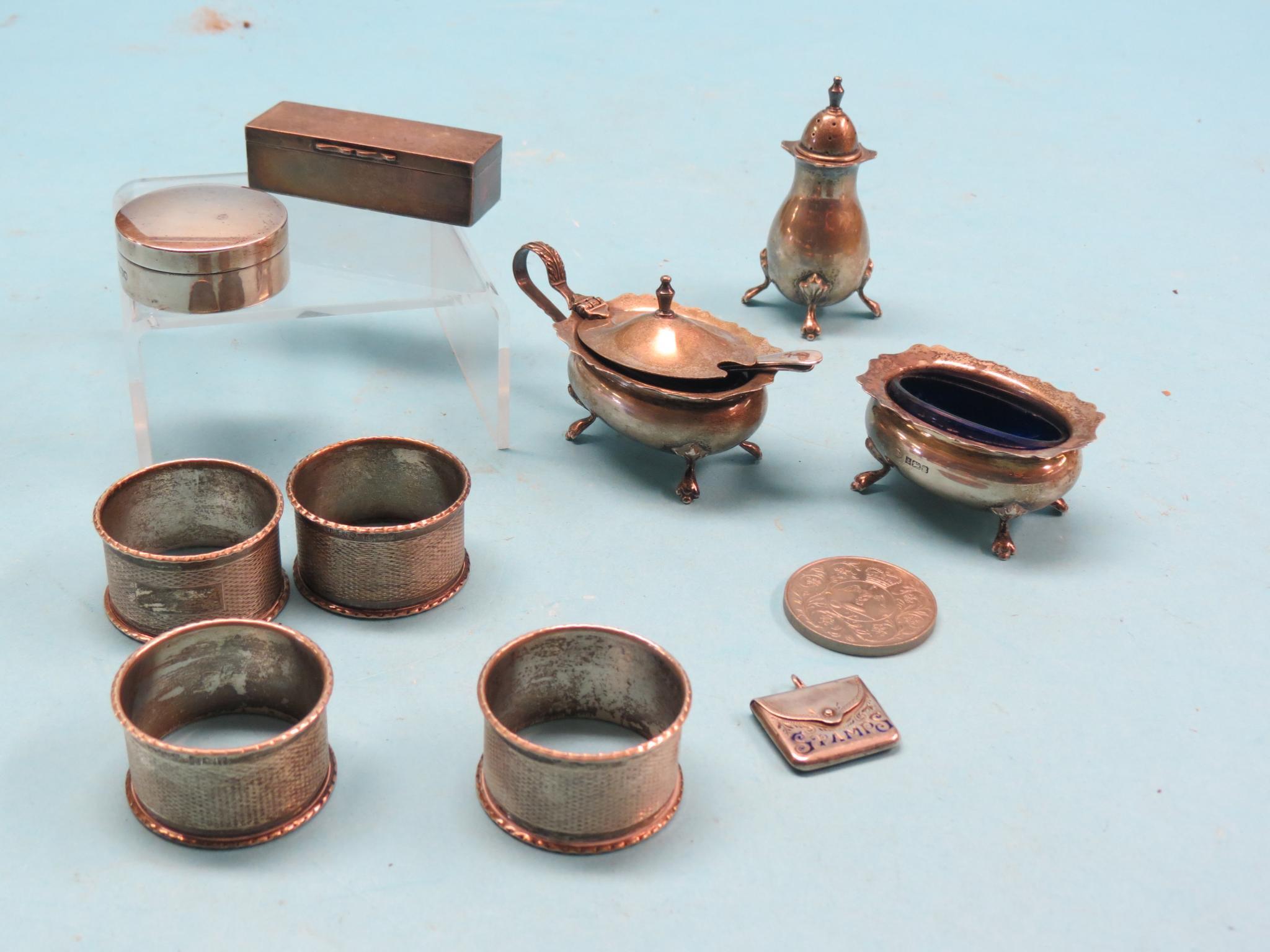 Appraisal: Small silverware including set of four engraved napkin rings condiment