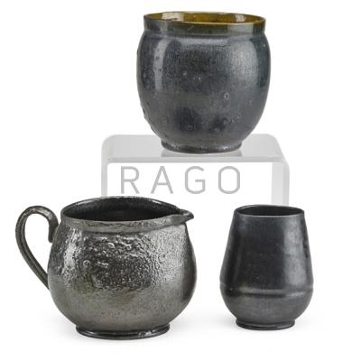 Appraisal: GEORGE OHR - Three vessels gunmetal and green glazes Biloxi