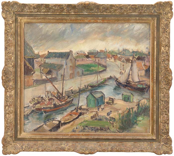 Appraisal: SACHA MOLDOVAN Russian American - HARBOR SCENE Oil on canvas