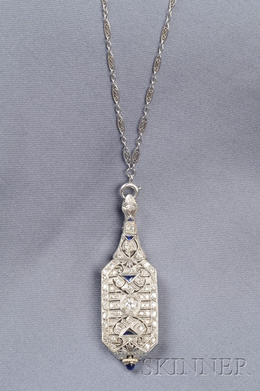 Appraisal: Art Deco Platinum and Diamond Pendant Watch the white metal