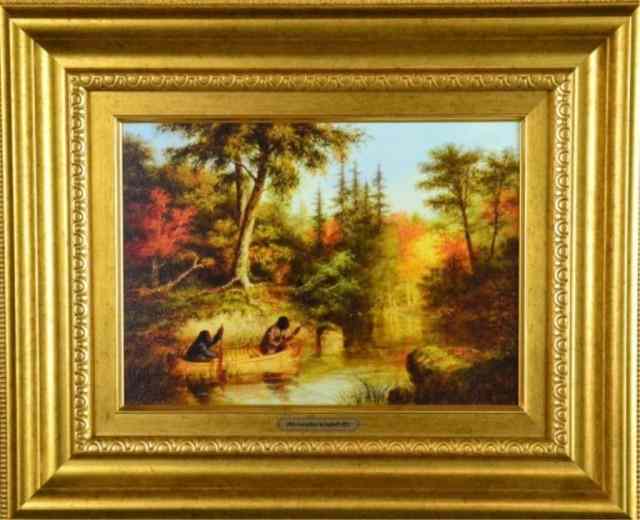 Appraisal: CORNELIUS KRIEGHOFF LITHOGRAPHDepiction of Indians in a canoe hunting with