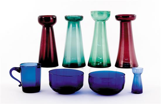 Appraisal: Collection of handblown colored glass bowls vases and cup th