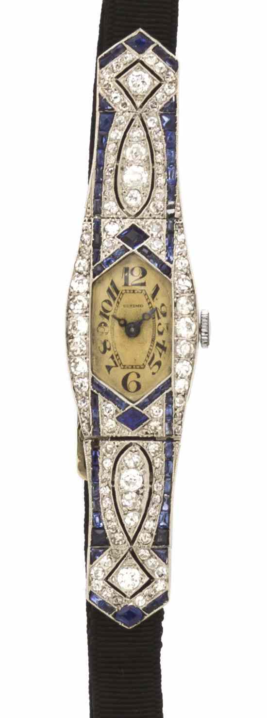 Appraisal: An Art Deco Platinum Diamond and Sapphire Wristwatch Ultimo case