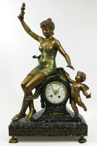 Appraisal: FRENCH BRONZE AND MARBLE STATUE CLOCK Les Roses after the