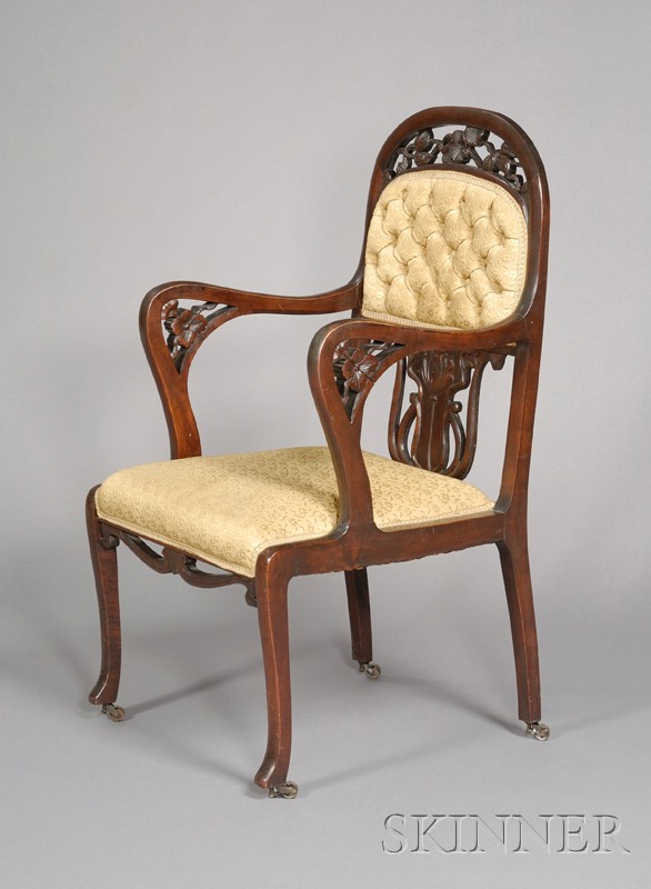 Appraisal: French Art Nouveau Mahoganized Hardwood Open Armchair c with arched