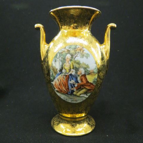 Appraisal: Gold Encrusted Porcelain Vase courting scene in oval medallion excellent