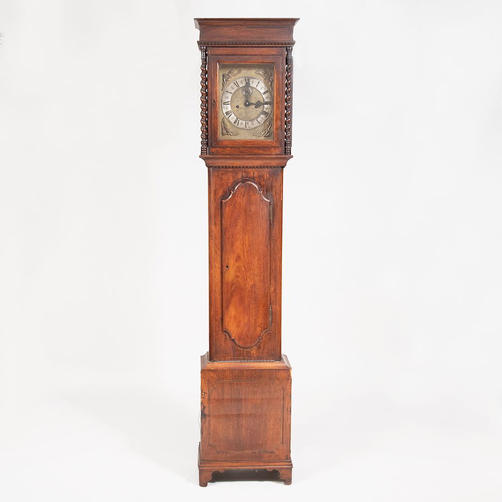 Appraisal: William and Mary Brass-Inlaid Oak Longcase Clock The face engraved