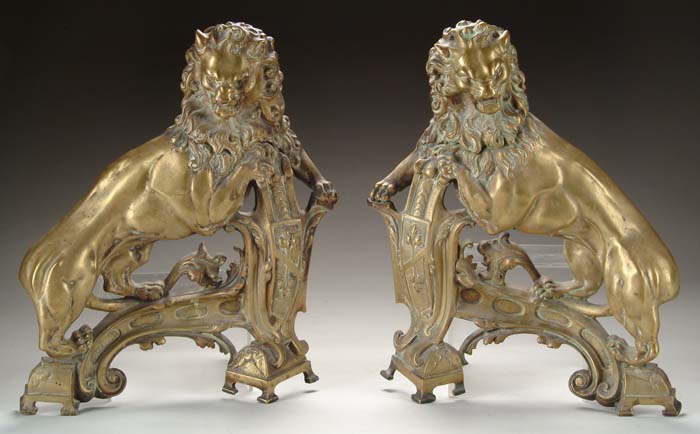 Appraisal: PAIR OF BRASS RAMPANT LION CHENETS Large size with a