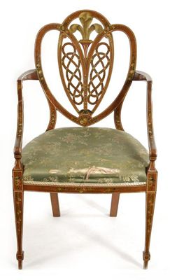 Appraisal: A late Victorian satinwood and painted Sheraton revival open armchair