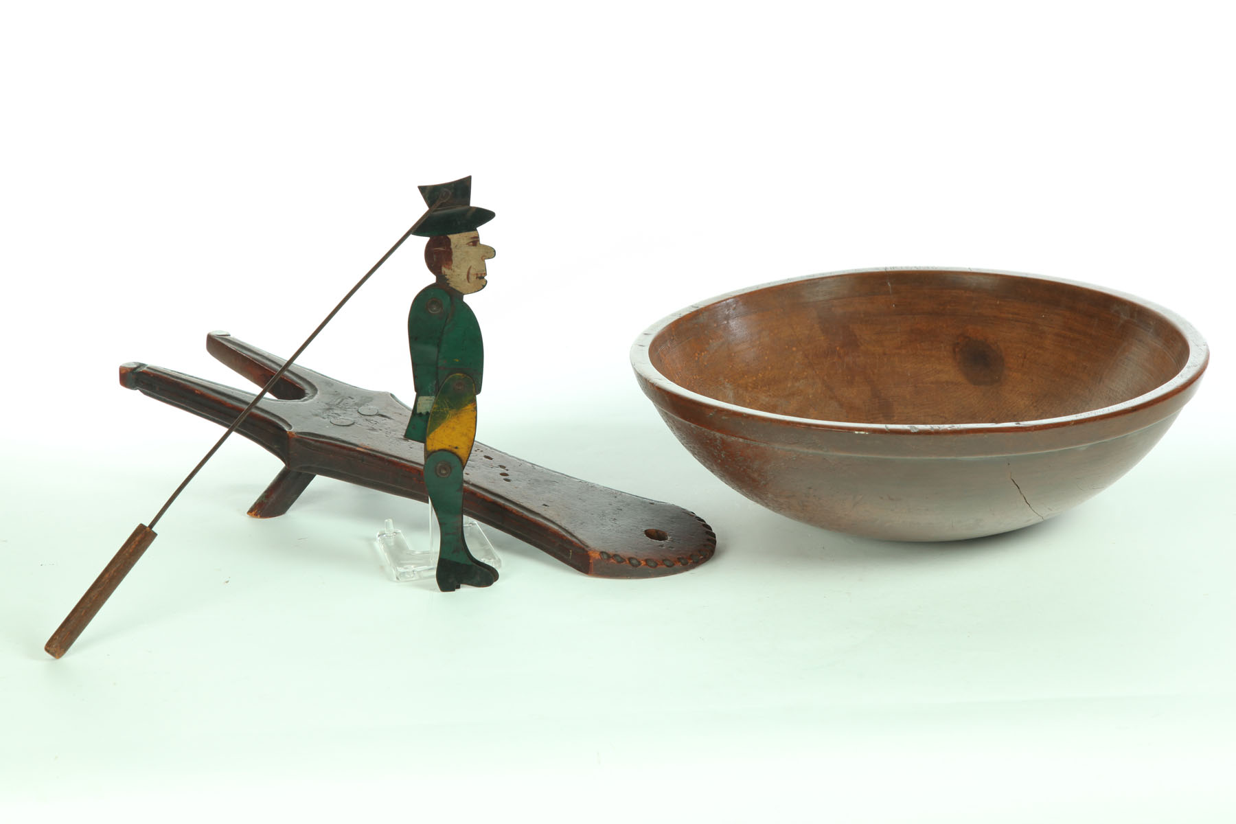 Appraisal: BOWL BOOTJACK AND TOY American th century Turned wooden bowl