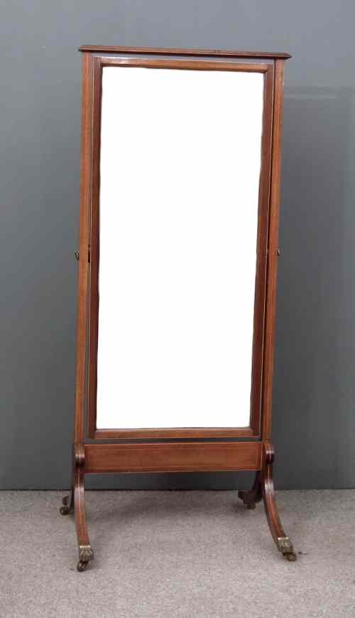 Appraisal: An Edwardian mahogany rectangular cheval mirror inlaid with chequered stringings