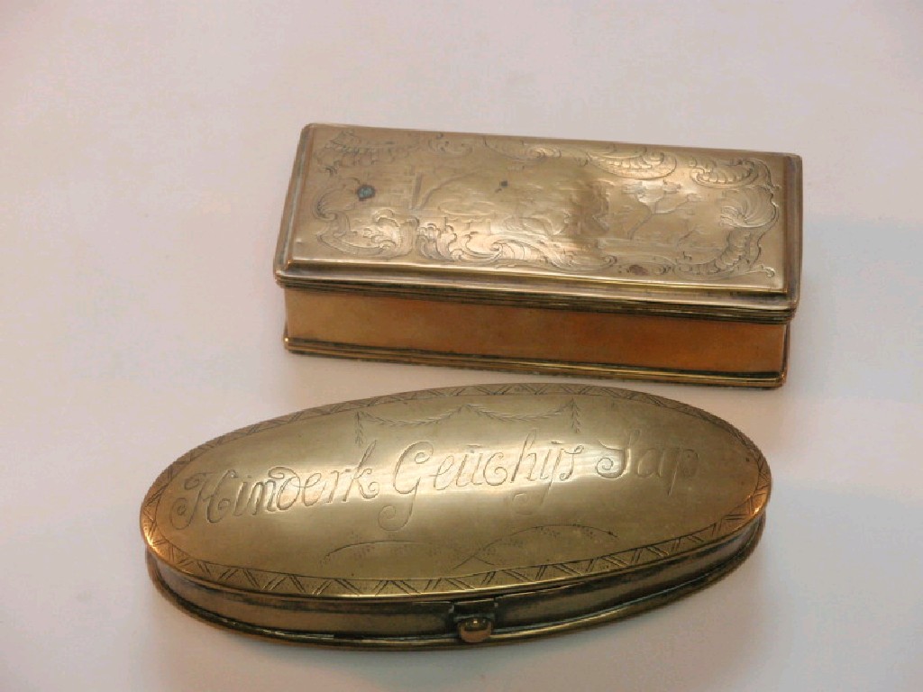 Appraisal: Two thC brass tobacco boxes one oval inscribed Hinderk Geuchys