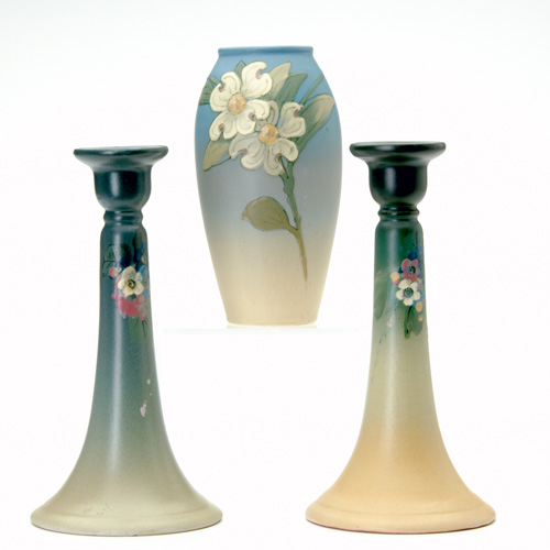 Appraisal: WELLER Three Hudson pieces a pair of tall candlesticks painted