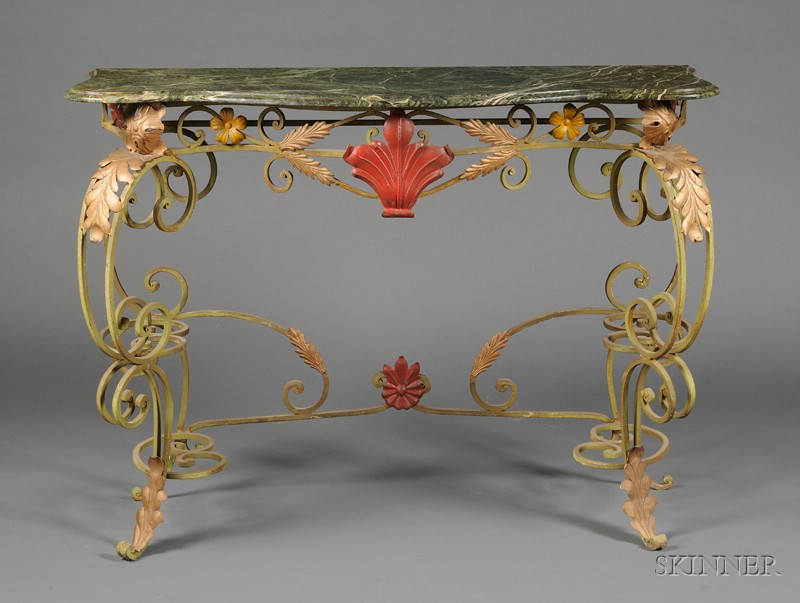 Appraisal: French Painted Metal and Wrought-iron Marble-top Garden Table th century