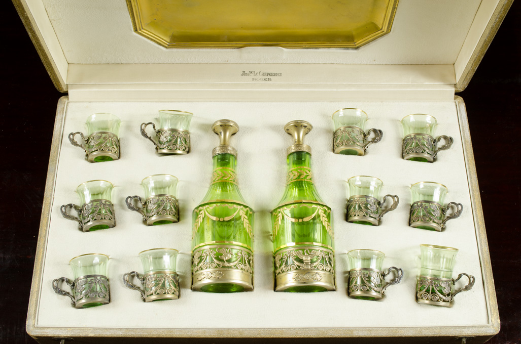 Appraisal: FRENCH GILT SILVER AND GLASS DRINK SET WITH SERVING TRAY