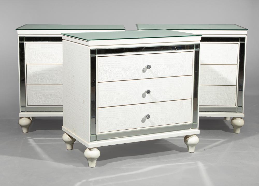 Appraisal: Three Contemporary Mirrored and Faux Alligator Nightstands three drawers bejeweled