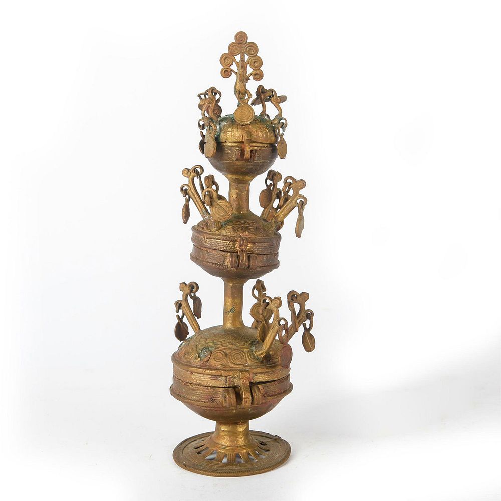 Appraisal: ASIAN BRONZE -TIERED COMPARTMENTS TABLE-TOP DECOR Engraved designs all over