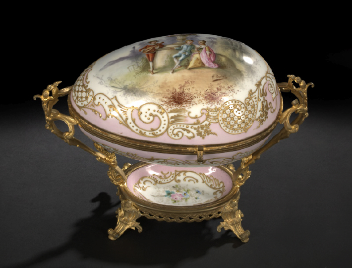 Appraisal: Large Sevres-Style Gilt-Brass-Mounted Porcelain Oviform Box fourth quarter th century