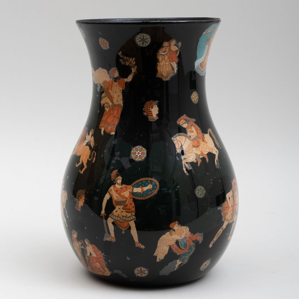 Appraisal: Black Ground Decalcomania Vase with Neoclassical Decoration in high Condition