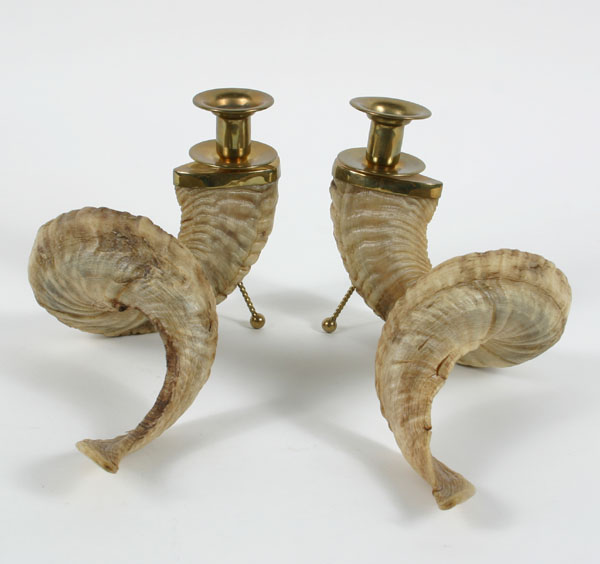 Appraisal: Pair brass mounted horn candleholders in the manner of Carl