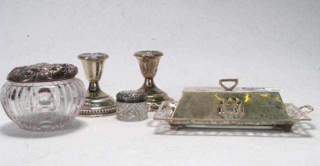 Appraisal: Group of silver and glass decorative pieces including pair of