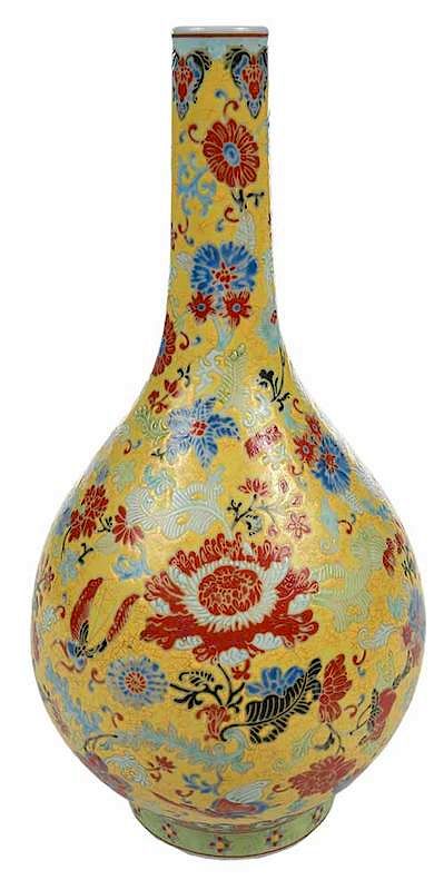 Appraisal: Yellow Enameled Chinese Bottle Vase th century yellow ground decorated