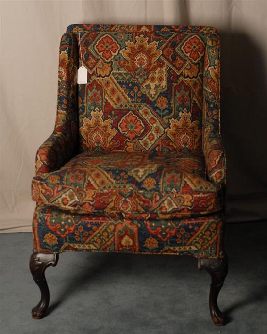 Appraisal: Modified Wing Chair carved knees cabriole legs tapestry pint upholstery