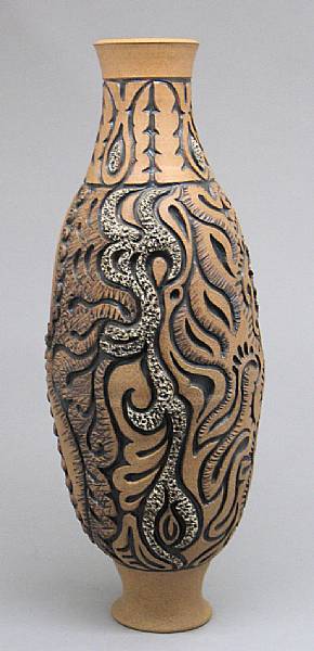 Appraisal: A Modern partial glazed stoneware vase Of ovoid form decorated