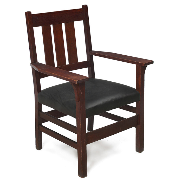 Appraisal: Gustav Stickley armchair A three vertical slats to back with