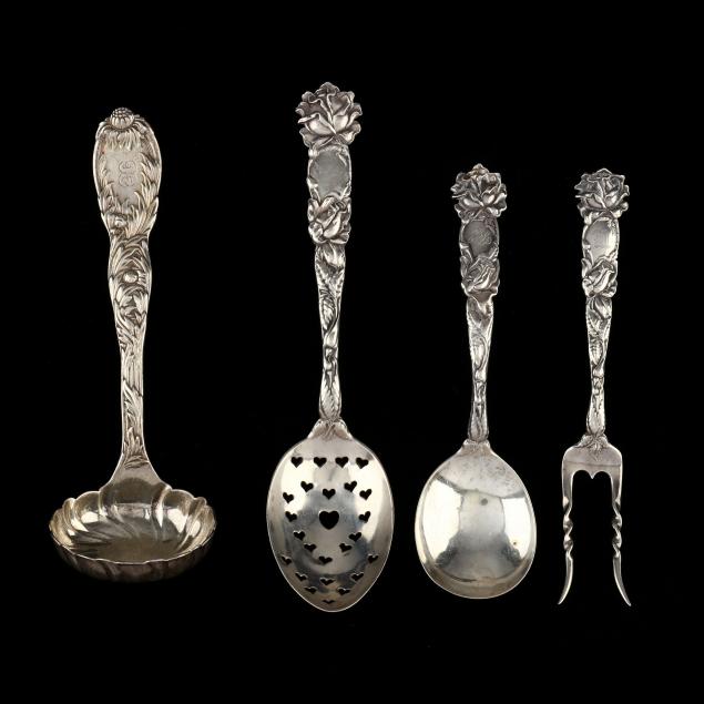 Appraisal: Four American Art Nouveau Floral Sterling Silver Servers Including a