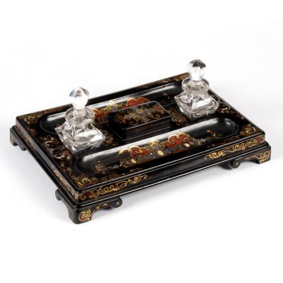 Appraisal: A Victorian partners' papier-m ch inkstand fitted a pen tray