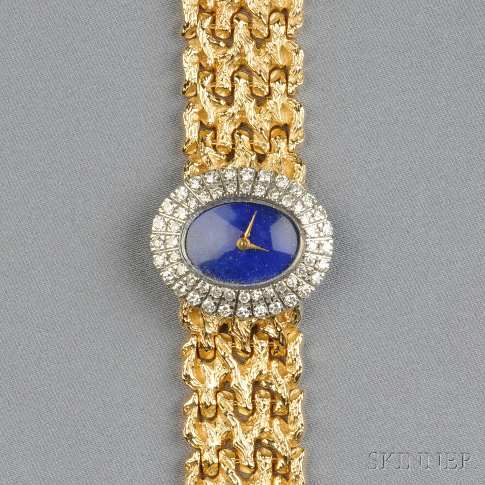 Appraisal: kt Gold and Diamond Wristwatch the lapis dial with diamond