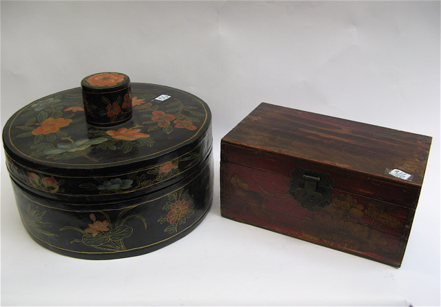 Appraisal: CHINESE LACQUER BOX WOOD TREASURE CHEST pieces The round lacquer