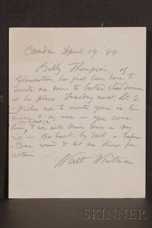 Appraisal: Whitman Walt - Autograph letter signed April one page recipient