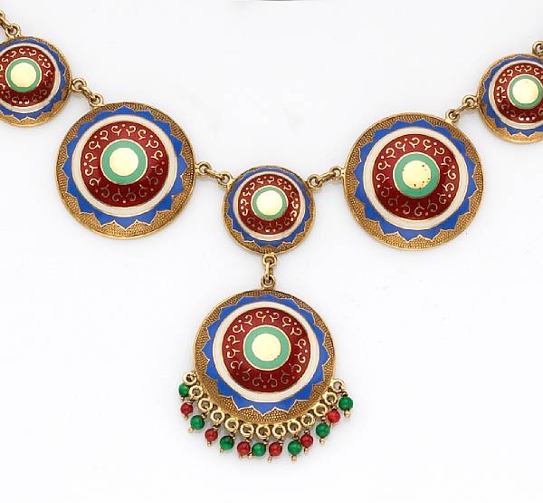 Appraisal: An enamel necklace in twenty-two karat gold weighing approximately grams