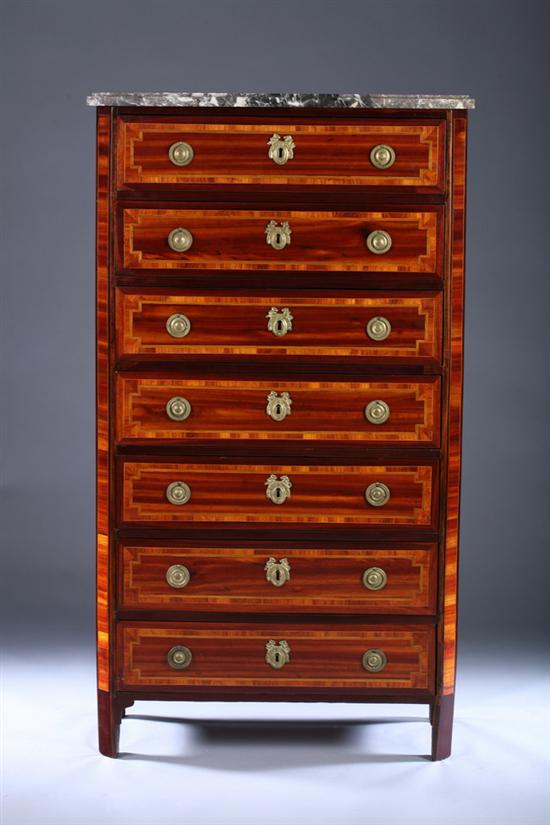 Appraisal: LOUIS XVI MARBLE-TOP INLAID SEMAINIER th century with gilt-metal mounts