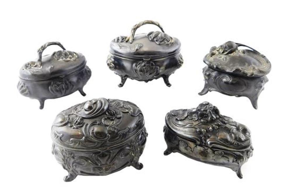 Appraisal: Five Jennings Brothers cast metal hinged boxes Nouveau raised decoration