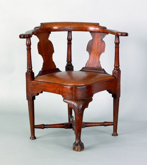 Appraisal: New England Chippendale walnut corner chair ca with shell carved