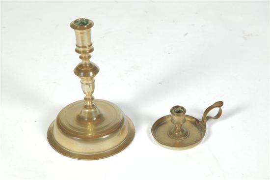 Appraisal: TWO BRASS CANDLESTICKS European th century Small chamberstick with copper