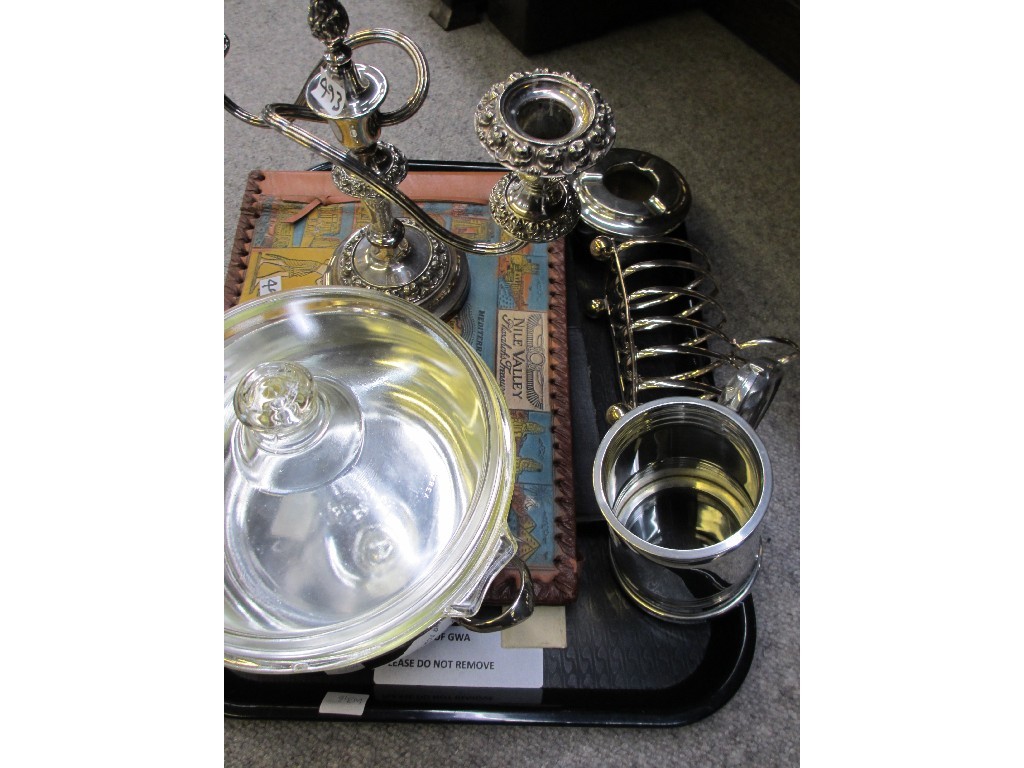 Appraisal: Tray lot - candelabrum toastrack tankard etc