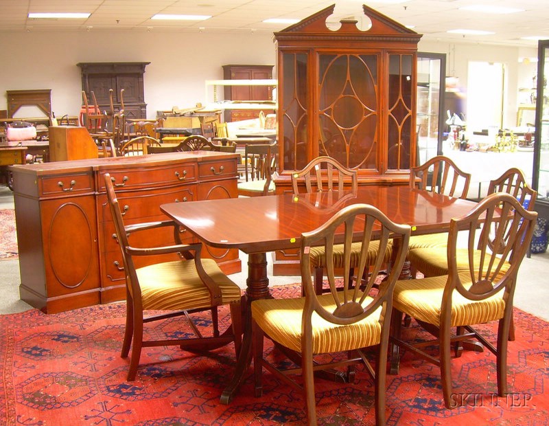 Appraisal: Nine-piece Georgian-style Mahogany Veneer Dining Set a double-pedestal table with